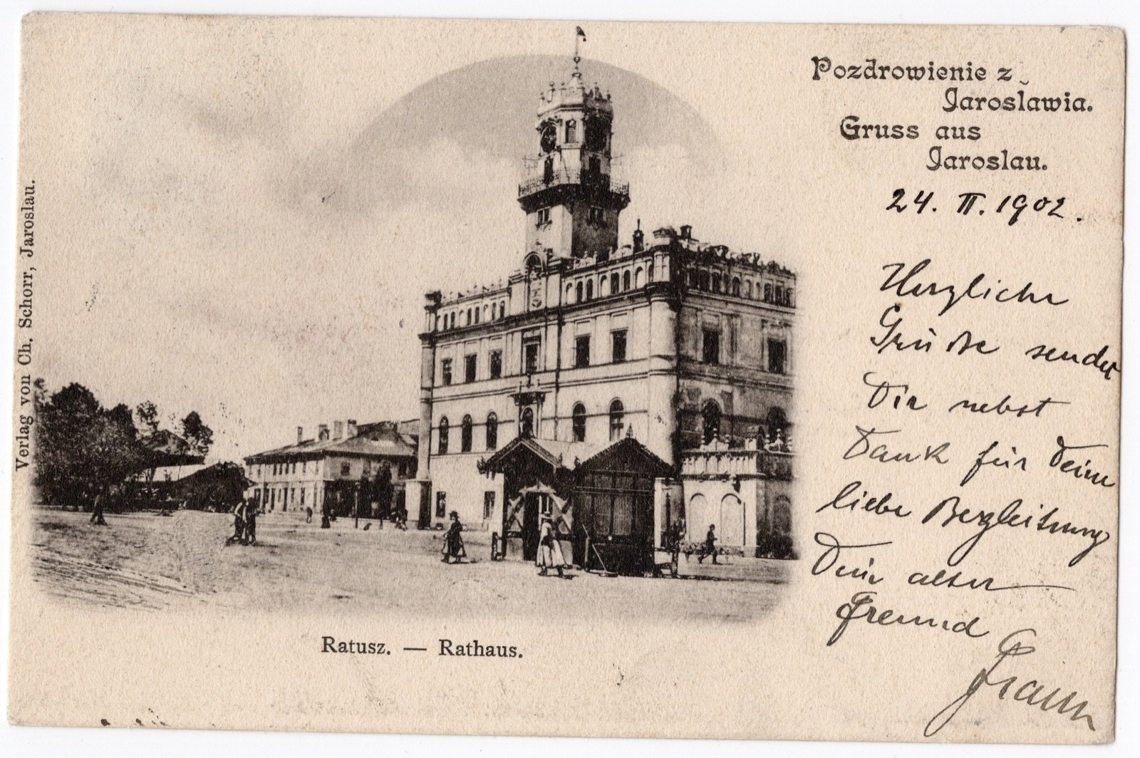 Ratusz na pocztówce Ch. Schorra, luty 1902