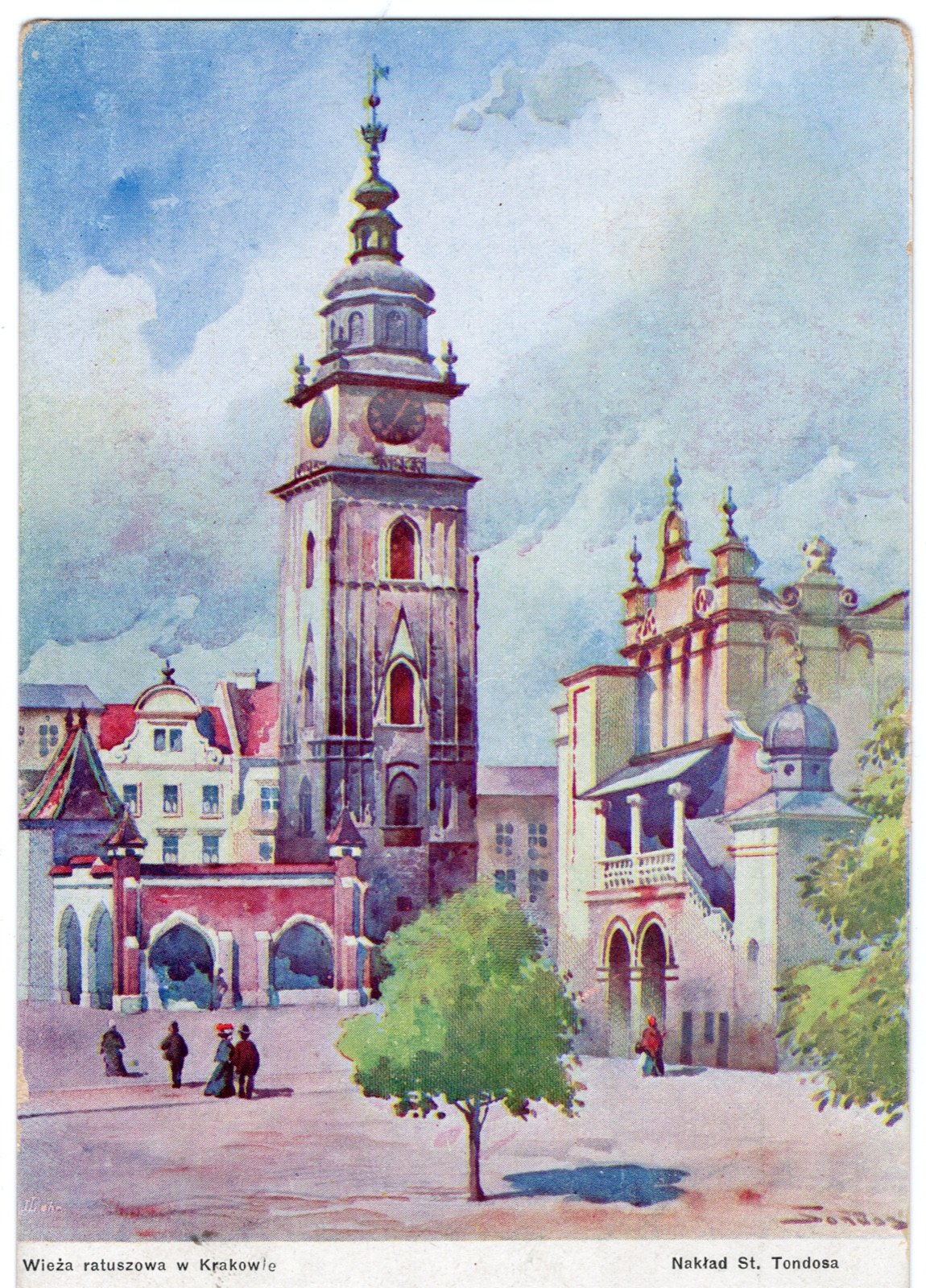 Wieża ratuszowa w akwareli Stanisława Tondosa