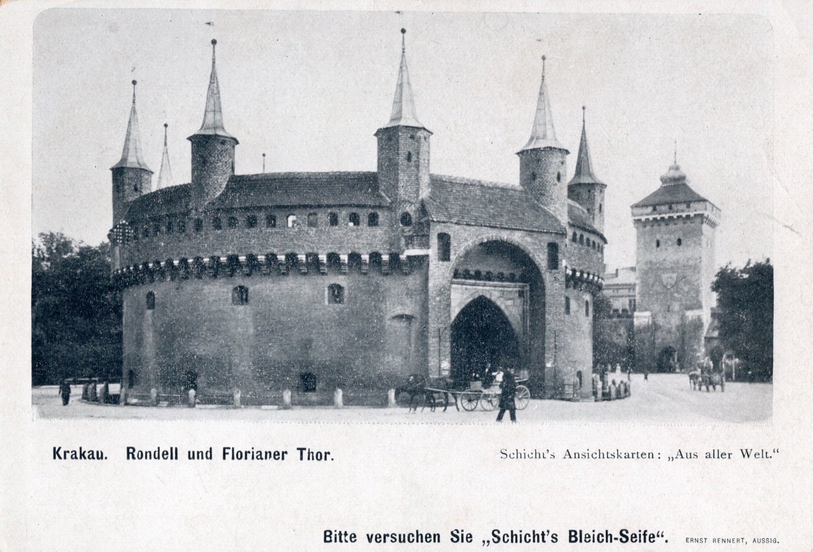 Barbakan i Brama Floriańska — reklamówka mydła Schicht
