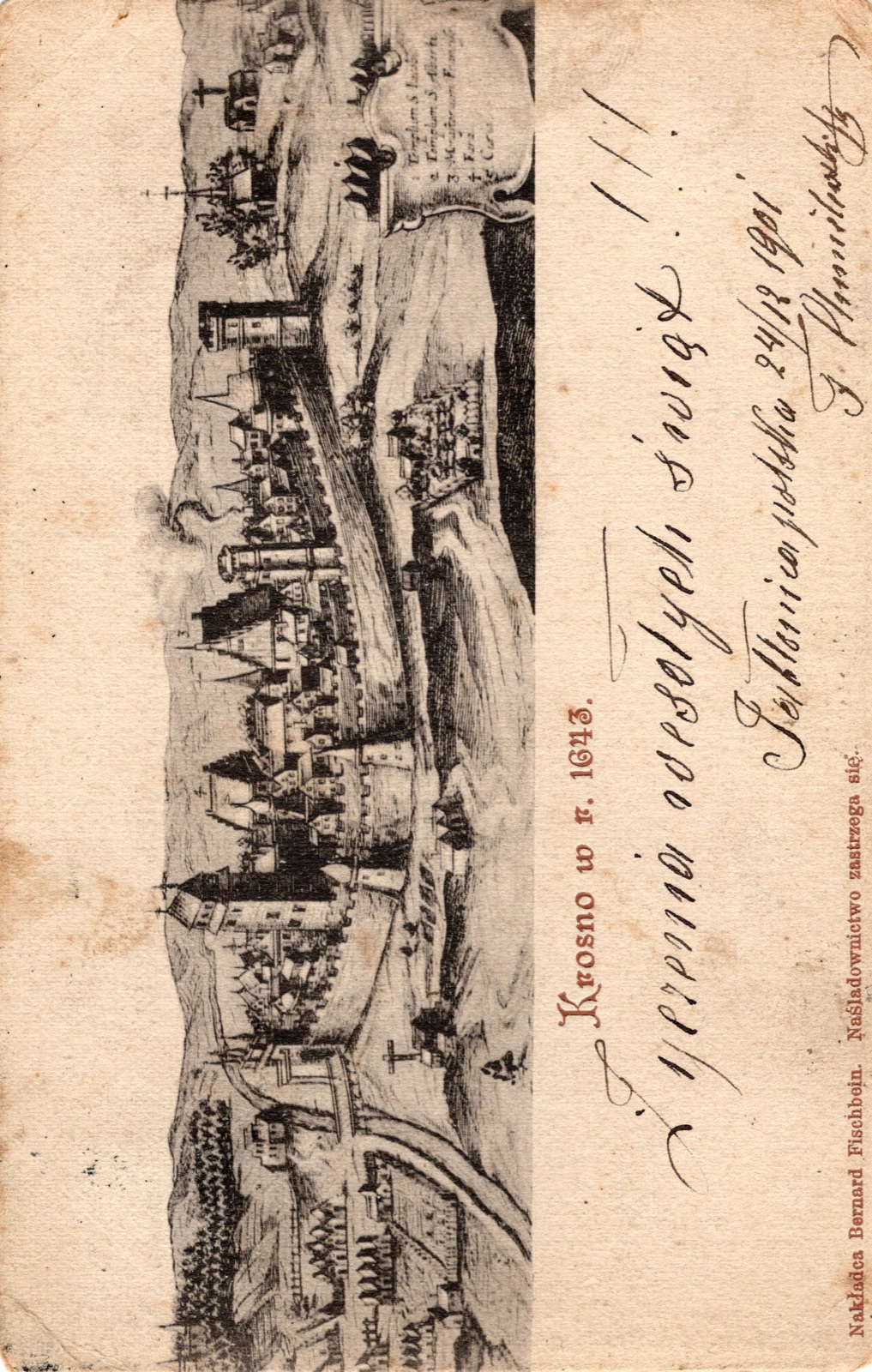 „Krosno w r. 1643” (reprodukcja dawnej panoramy/ryciny z legendą obiektów); nakł. Bernard Fischbein, Krosno; rewers niepodzielony; OBIEGOWA (1901)