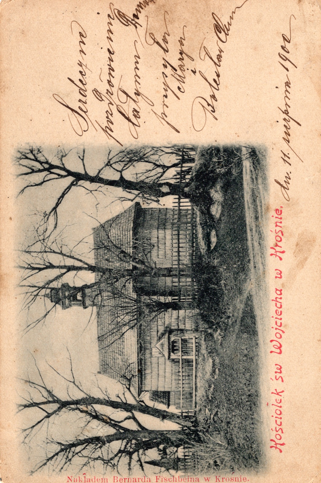 Kościółek św. Wojciecha (drewniana/murowana kaplica wśród drzew); nakł. Bernard Fischbein, Krosno; rewers niepodzielony; OBIEGOWA (ok. 1902)