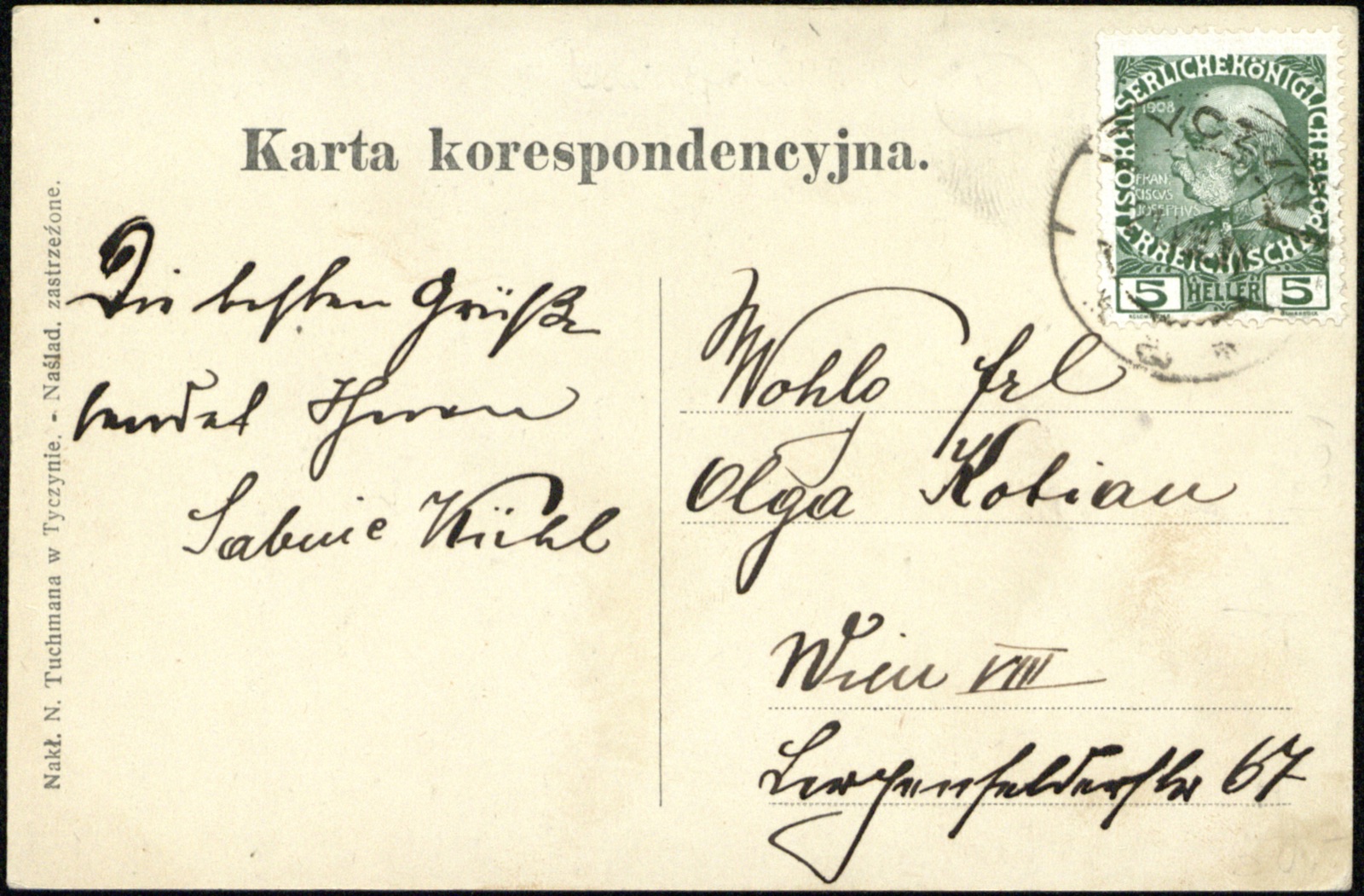 Odwrocie karty: C.k. Sąd i urząd podatkowy; nakł. N. Tuchman, Tyczyn; OBIEGOWA do Wiednia
