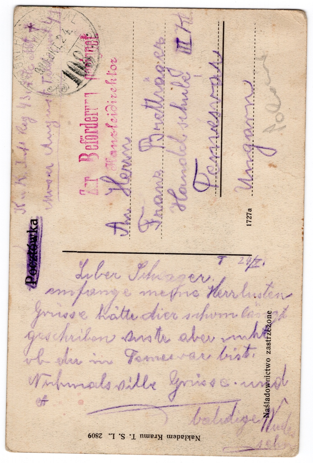 Odwrocie karty: Gimnazjum i Urząd podatkowy (widok kolorowany); nakł. Kram T.S.L. (nr 1727a/2809); FELDPOST I wojny do Temeszwaru (Węgry)