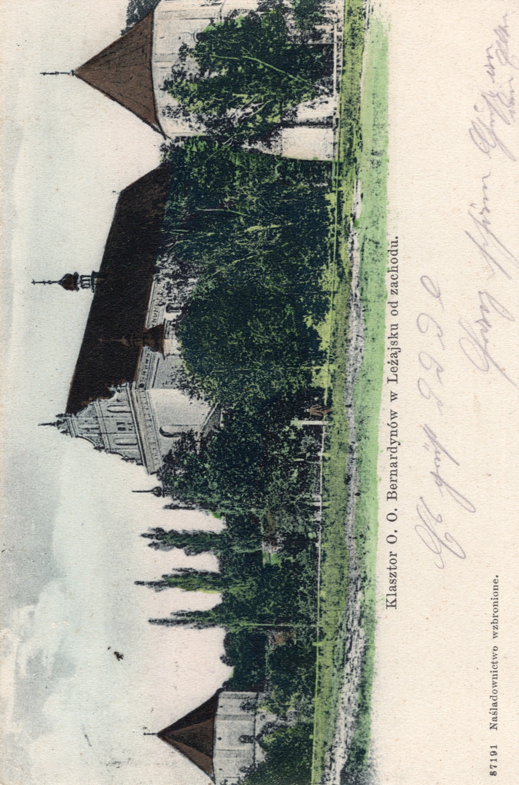Klasztor OO. Bernardynów od zachodu (barwna litografia, nr 87191); rewers niepodzielony; OBIEGOWA (po 1908)