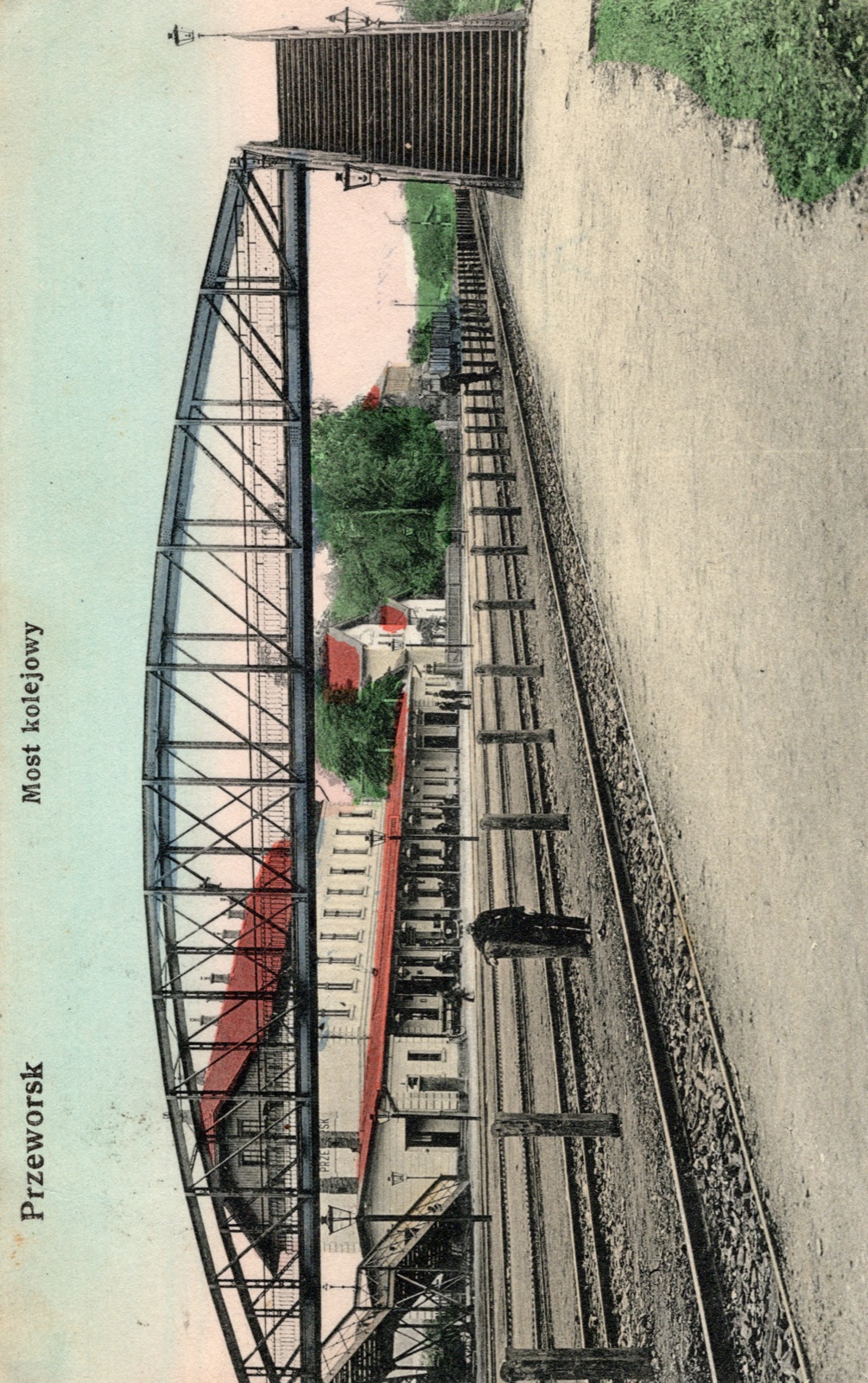 Most kolejowy (kratownicowy, ze stacją); barwna