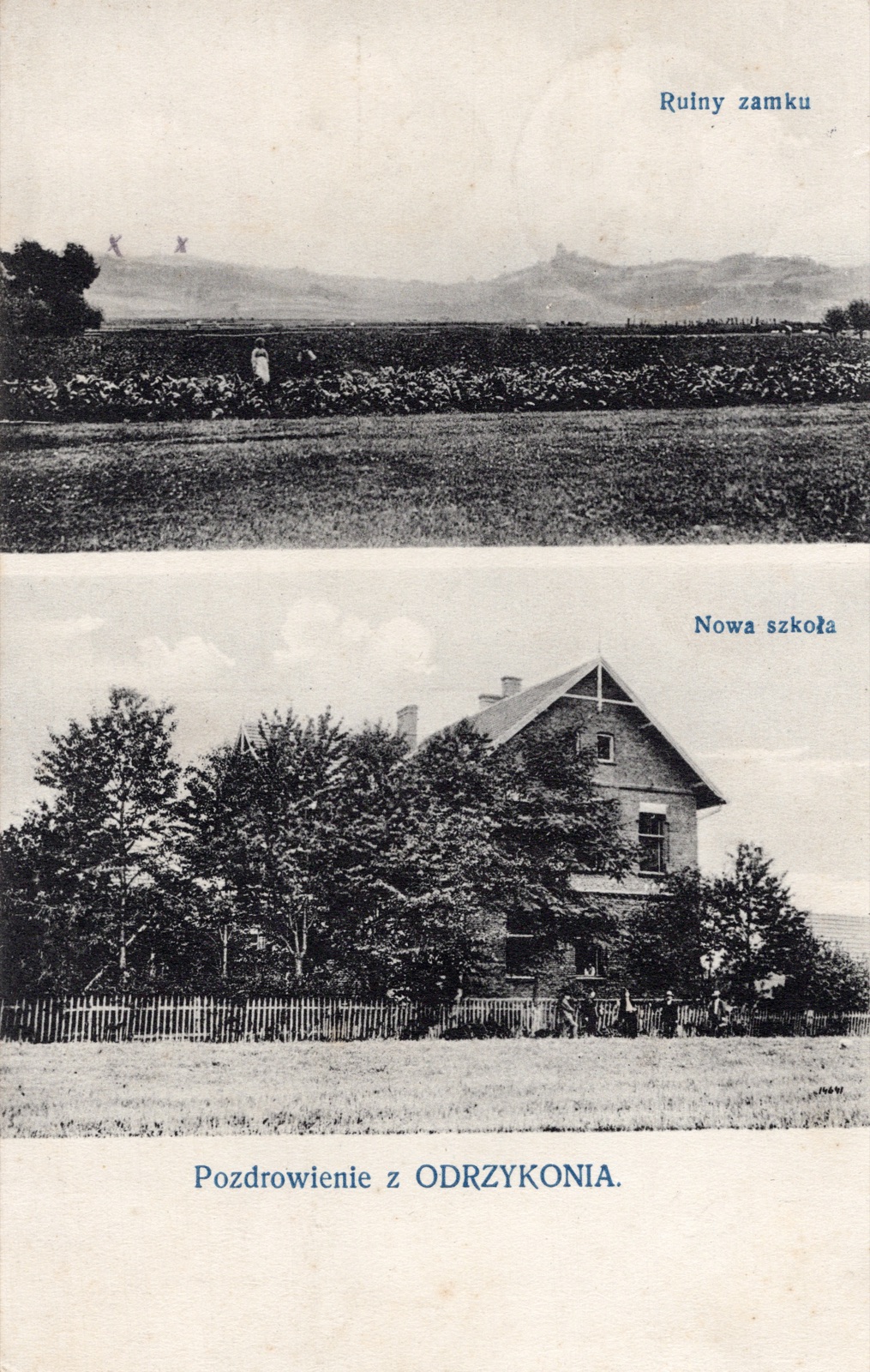dwuwidokowa (Ruiny zamku Kamieniec / Nowa szkoła); FELDPOST I wojny (Reservelazarett Tarnowitz, 1915)