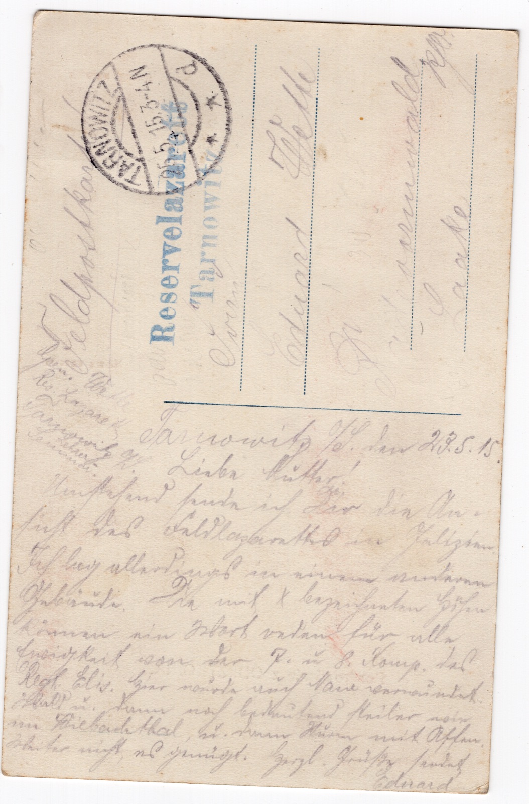 Odwrocie karty: dwuwidokowa (Ruiny zamku Kamieniec / Nowa szkoła); FELDPOST I wojny (Reservelazarett Tarnowitz, 1915)