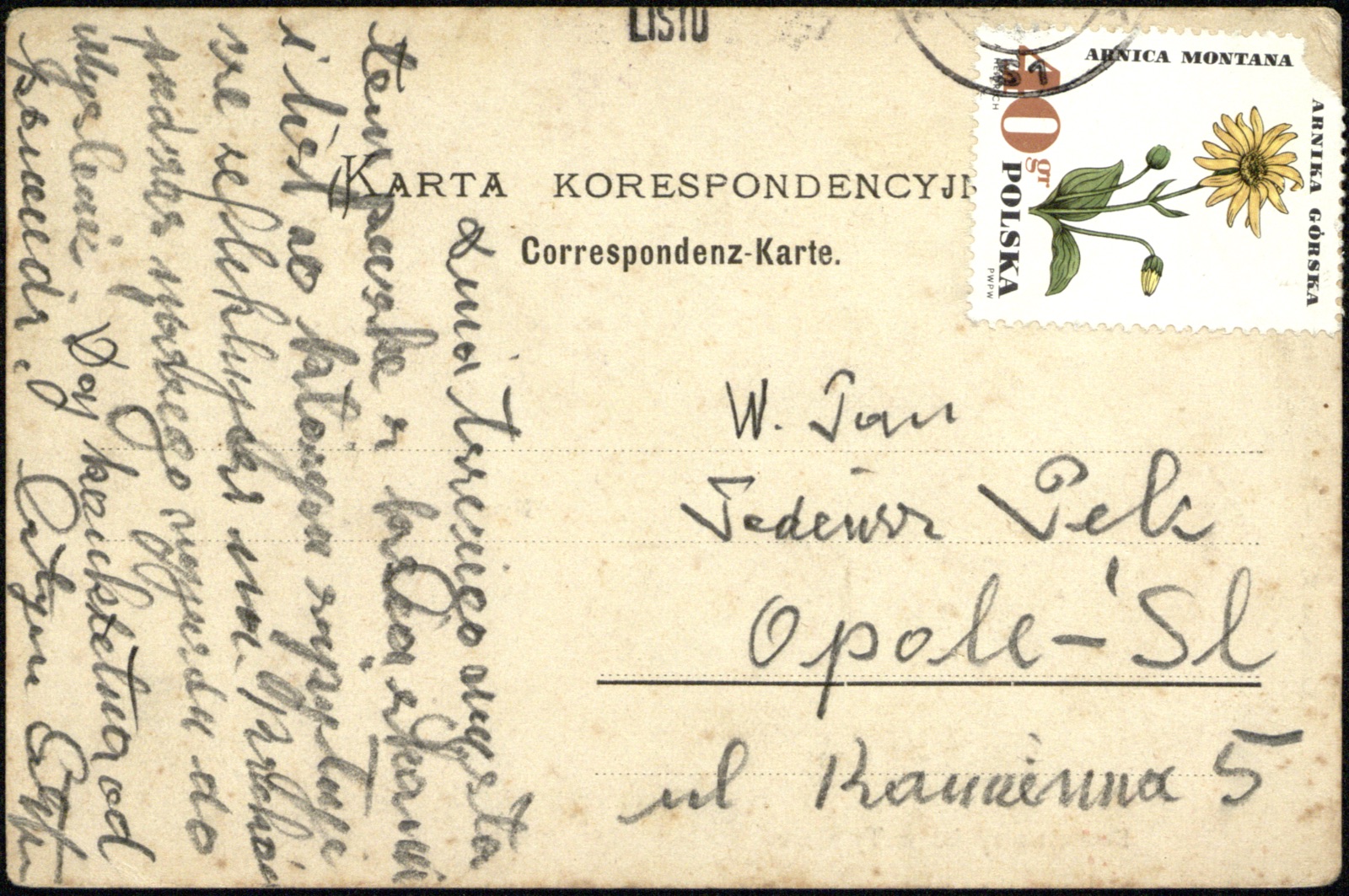 Odwrocie karty: karta dwuwidokowa: Rynek + Scena na rynku (sztafaż, dzieci); nakł. N.T. (Tuchman); karta przedwojenna, obieg WTÓRNY w PRL (~1967)