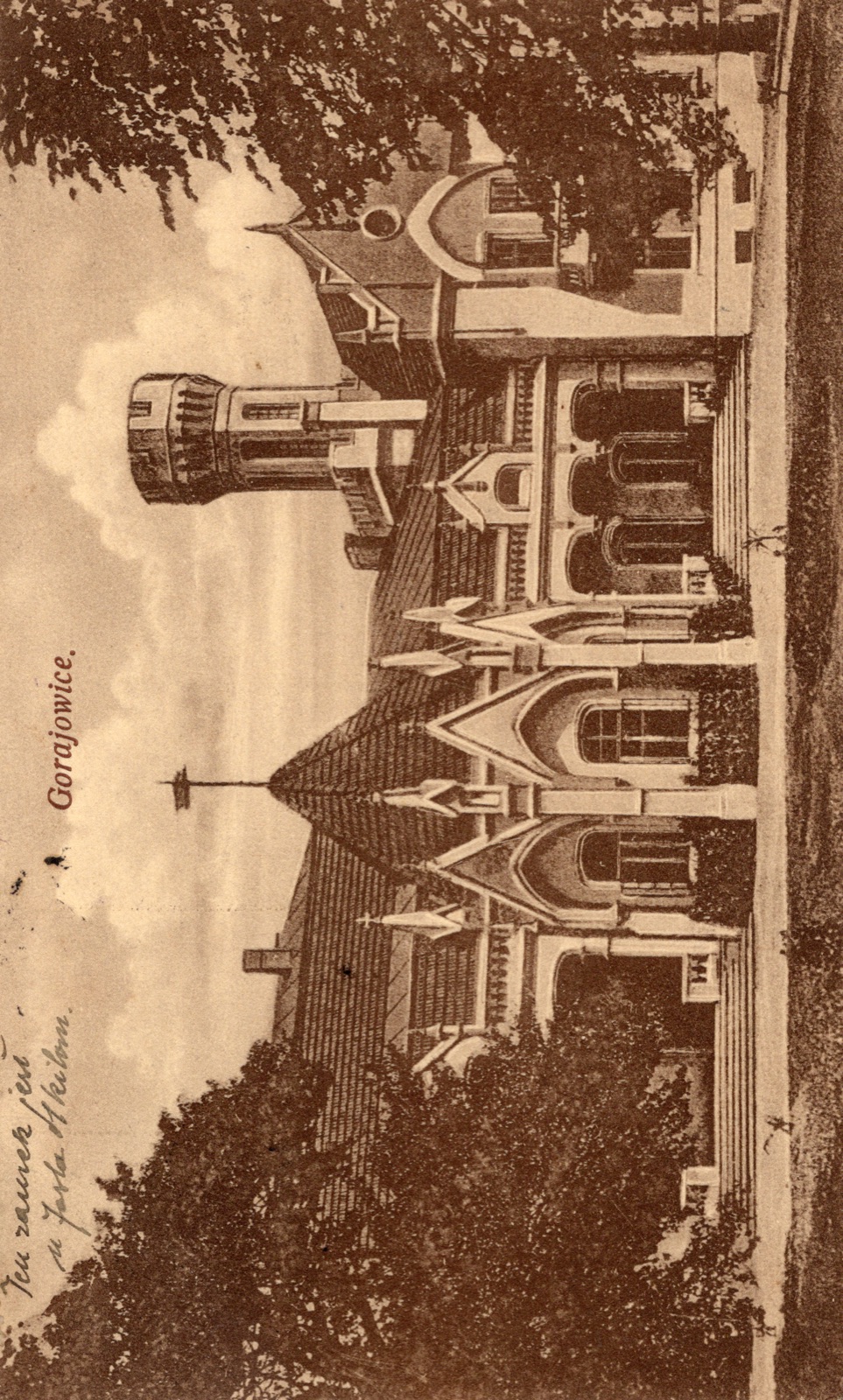pałac/dwór z wieżą (neogotyk; k. Jasła); nakł. „Praca”, Jasło; OBIEGOWA do Czech (1914)