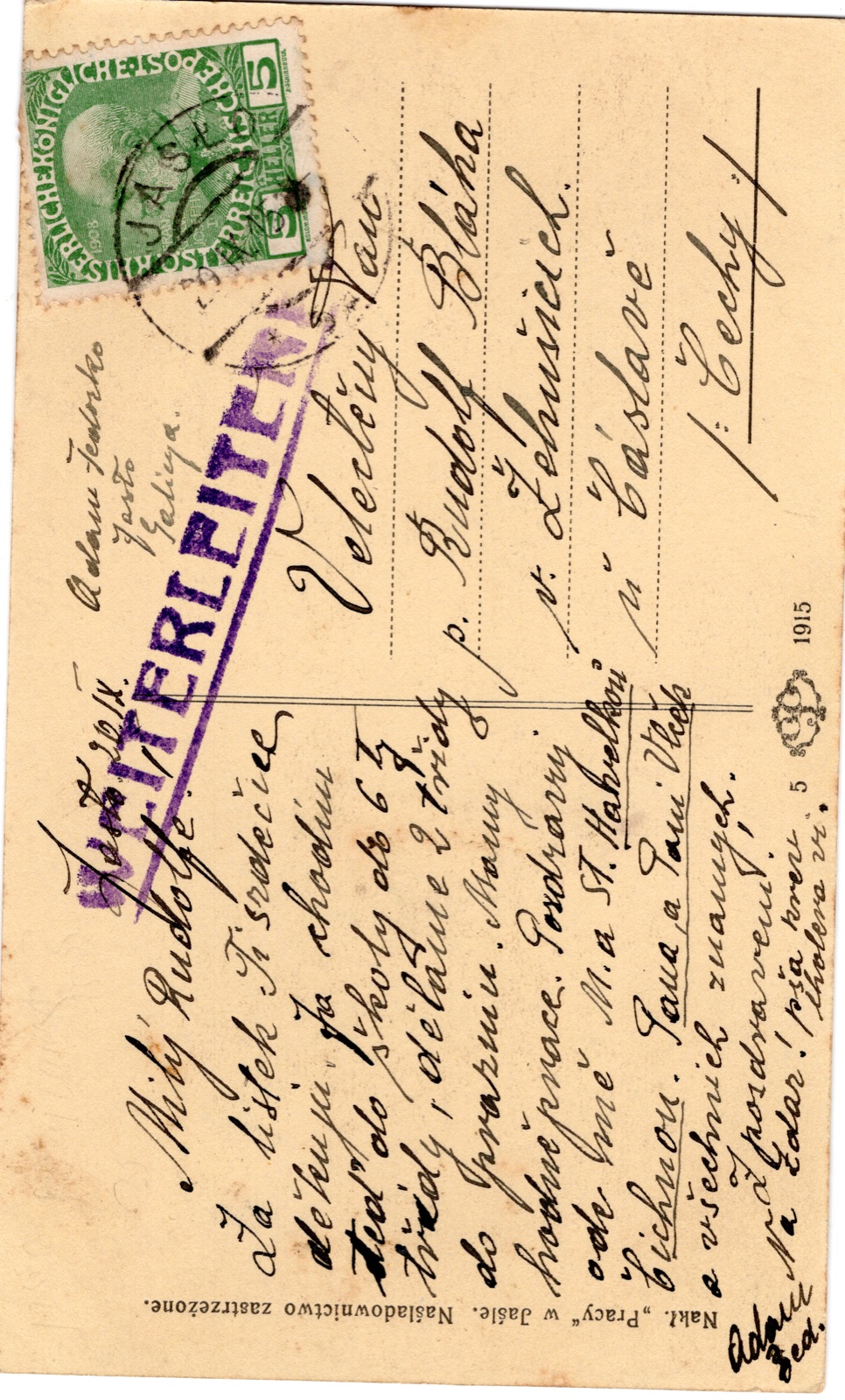 Odwrocie karty: pałac/dwór z wieżą (neogotyk; k. Jasła); nakł. „Praca”, Jasło; OBIEGOWA do Czech (1914)