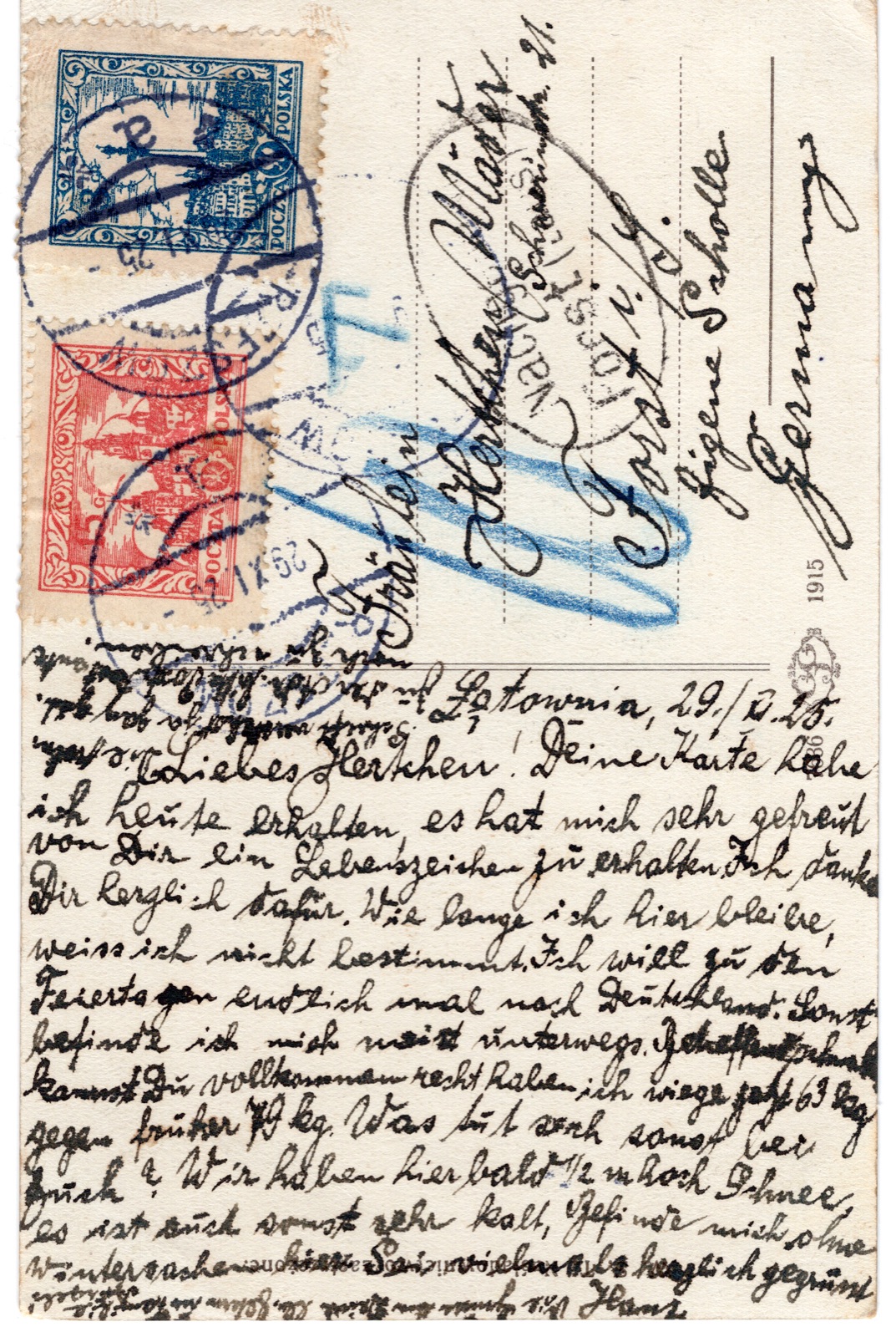 Odwrocie karty: Gmach Sokoła (siedziba TG „Sokół”); OBIEGOWA do Niemiec (1925, znaczki POLSKA)