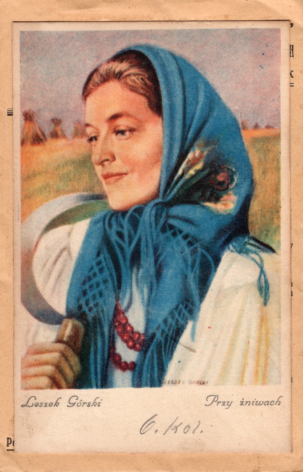 Leszek Górski „Przy żniwach” (kobieta w chuście, żniwiarka); reprodukcja barwna