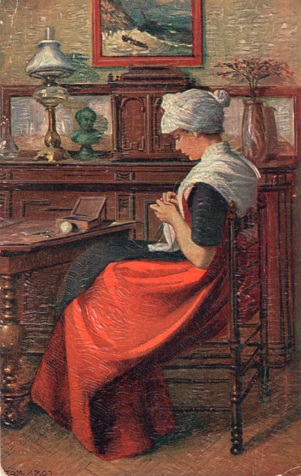 „Bei der Arbeit”, kobieta w stroju holenderskim przy robótce; wg T. Kroj