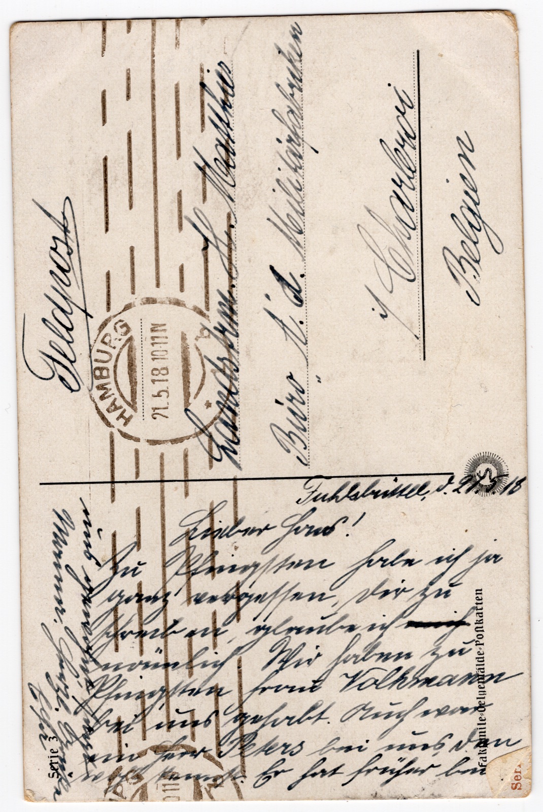 Odwrocie karty: pejzaż z brzozami i czerwonym domem, postać kobiety; Feldpost 1918 do Belgii (Serie 3)