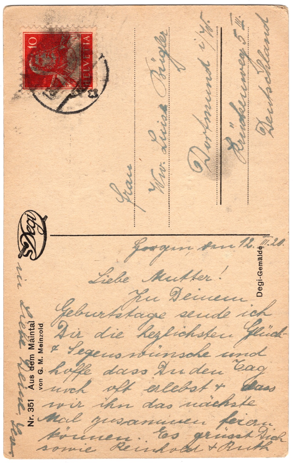 Odwrocie karty: „Aus dem Maintal” wg G. M. Meinzold; obieg 1920 (Szwajcaria → Dortmund)