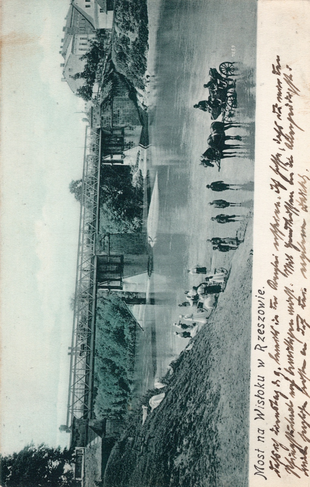 Most na Wisłoku (stalowy most kratownicowy, sztafaż); nakł. L.A.R. (nr 7589); OBIEGOWA do Wiednia (1908)