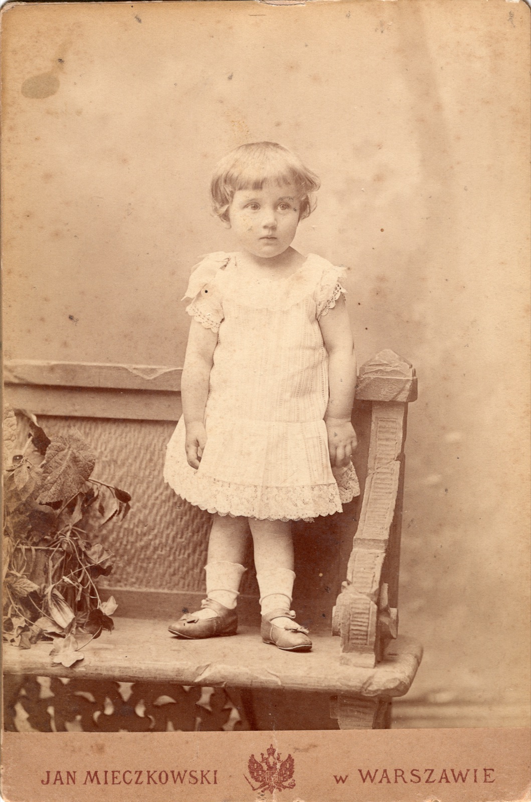 portret małego dziecka na ławeczce (fotografia gabinetowa, ok. 1886–1888)