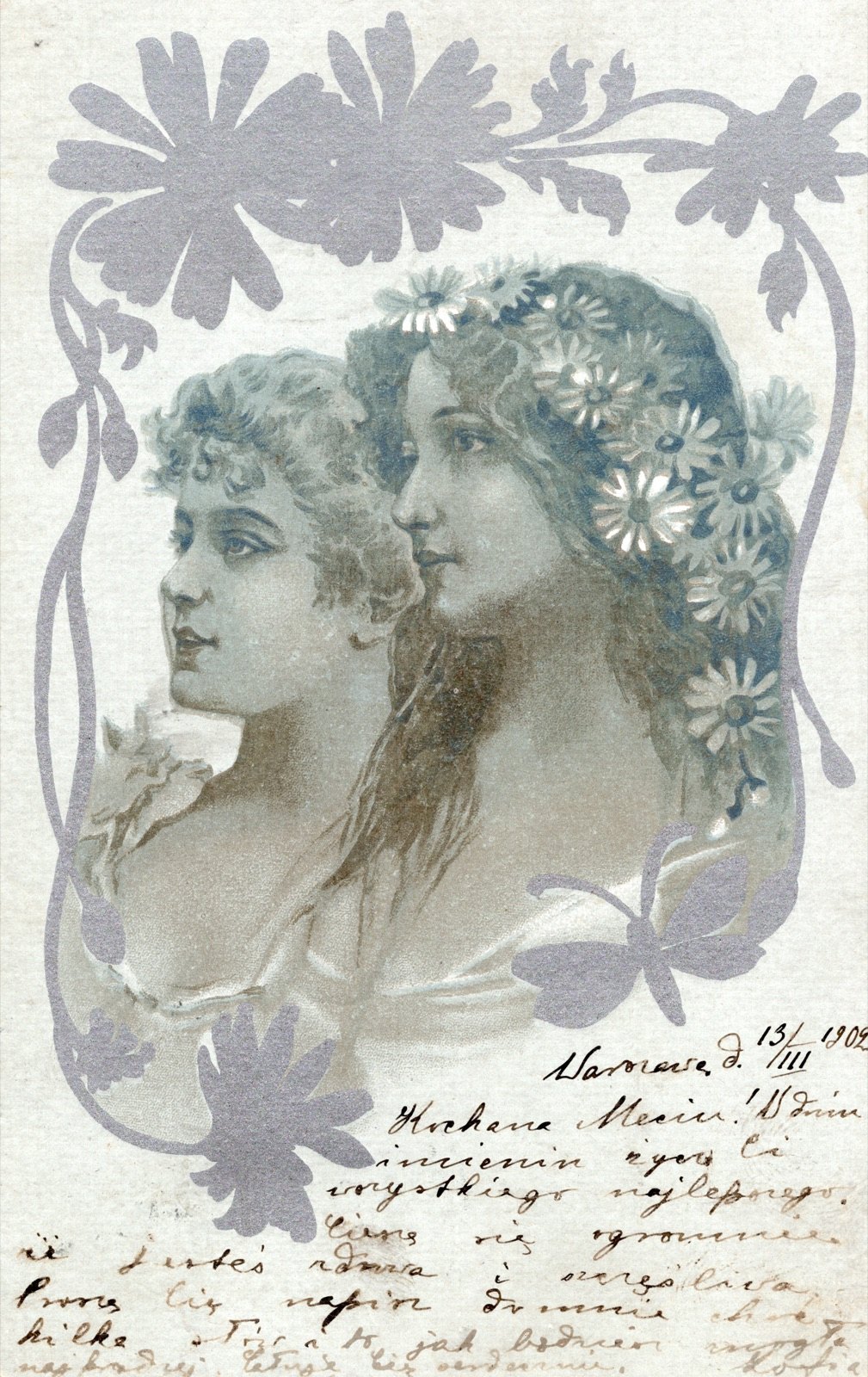 Secesyjne alegorie ze stokrotkami — życzenia imieninowe, 1902