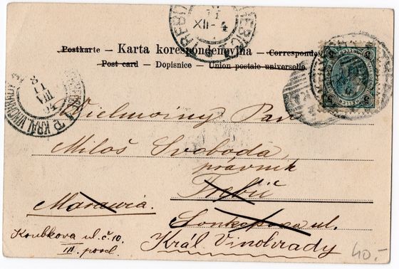 Odwrocie karty: Kurza Stopa, kolorowana, do Pragi