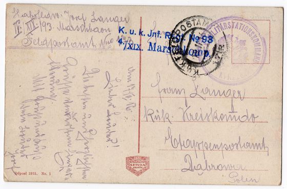 Odwrocie karty: Targ na Rynku, poczta polowa IR 93